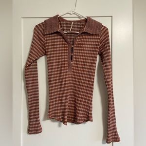 Free People Delilah Top Women's Medium Rust Striped Ribbed Collared Long Sleeve